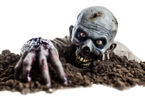 AI generated Zombie man isolated on transparent background. Bloody male zombie crawls out of the grave soil and stretches out its arms. Zombie apocalypse png