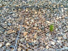 Retaining net on the slope. The net keeps the pebble from scattering photo