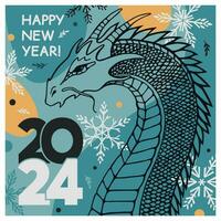 Happy New Year 2024 square card with dragon, snowflakes, and text. Vector flat hand-drawn modern illustration.