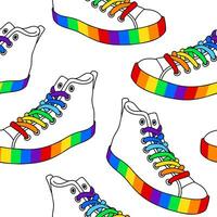 Seamless pattern with sneakers with rainbow laces and soles. Vector modern flat illustration.