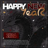 Happy New Year 2024 card with dragon, snowflakes, and congratulatory text in gold and black colors. Vector 3D illustration.