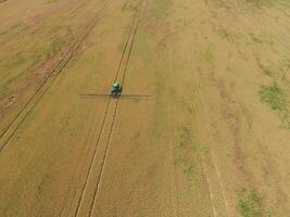 Adding herbicide tractor on the field of ripe wheat. View from above. photo