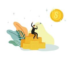 An investor sitting on a pile of coins and looking for more coin with telescope cartoon character isolated on white background flat vector illustration. Doing business and take profit.