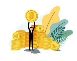 A cyptocurrency investor gain higher money cartoon flat vector illustration. Earning on cryptocurrency. A bussiness holding a coin with a pile of coin as a background. Cryptocurrency finance.