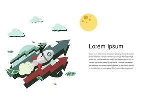 An investor sitting on rocket, taking off to the moon and enjoy his successful growth profit cartoon character isolated on white background flat vector illustration. Doing business and take profit.
