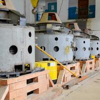 Engines of water pumps at a water pumping station. Pumping irrig photo