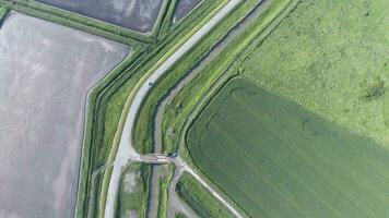 The top view of the wheat field and the plowed field under Fig. Shooting from a drone. photo