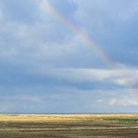 Rainbow, a view of the landscape in the field. Formation of the photo