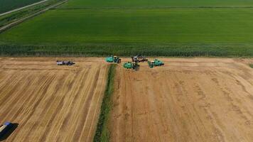 Harvesting barley harvesters. Fields of wheat and barley, the work of agricultural machinery. Combine harvesters and tractors photo