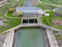 Water pumping station of irrigation system of rice fields. View photo