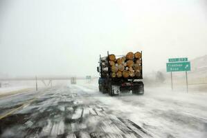 Logging truck on icy road photo