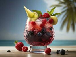 AI Generated Glass of alcohol cold coctail decorated with ice, fruit and mint staying on wood table. Fresh juice on background with lemon, strawberry, lime. photo