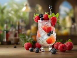 AI Generated Glass of alcohol cold coctail decorated with ice, fruit and mint staying on wood table. Fresh juice on background with lemon, strawberry, lime. photo