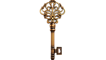 AI generated Golden key clipart, keyhole and key graphic, transparent background, antique key illustration, vintage design element, elegant keyhole symbol, unlock concept png