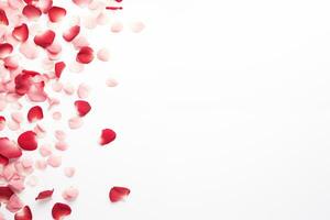 AI generated Falling rose petals on a white background with space for text. photo