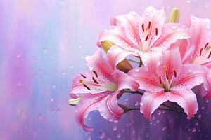 AI generated Brightly colored lilies with water drops on a pastel background. photo