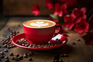 AI generated Red coffee cup with hot latte and coffee beans placed on a wooden table. photo