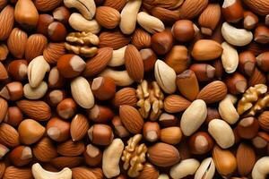 AI generated Background made from many different kinds of nuts. photo