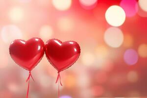 AI generated Pair of red heart shaped balloons with sparkling bokeh background. photo