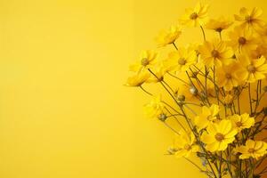 ai generado hermosa amarillo flores floreciente en un amarillo antecedentes con espacio para texto. foto