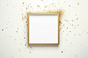 AI generated Blank shiny gold frame on a white background with gold specks scattered everywhere. photo