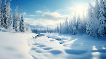 AI generated Scene of countryside covered with snow photo