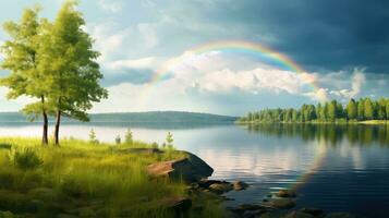 AI generated A peaceful landscape meadow field with rainbow in the sky photo