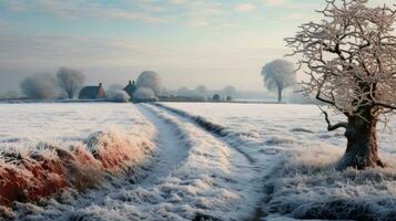 AI generated Scene of countryside covered with snow photo