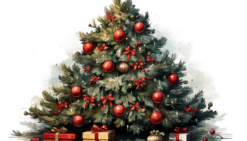 AI generated Christmas tree clipart, transparent background, holiday decoration, festive illustration, Xmas tree graphics, Christmas ornament, decorative element, winter holiday, evergreen tree png