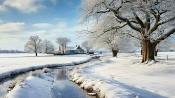 AI generated Scene of countryside covered with snow photo