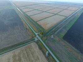 Crossroads paved roads through the fields. View from above photo