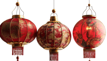 AI generated Red Chinese lanterns, festive decoration, traditional lanterns, cultural celebration, decorative frames, ornamental background, New Years Eve decor, oriental design, holiday concept png