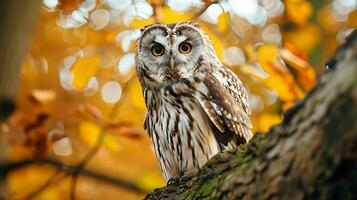 ai generado intenso mirada de un bosque búho en medio de otoño hojas foto