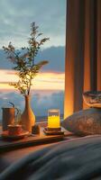 AI generated Golden Hour Glow on Elegant Bedside Arrangement photo