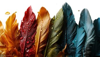 AI generated Top view of multicolored feathers for carnival, transparent background, feathers illustration png