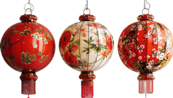 AI generated Red Chinese lanterns, festive decoration, traditional lanterns, cultural celebration, decorative frames, ornamental background, New Years Eve decor, oriental design, holiday concept png