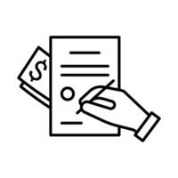 Hand signing document with signature with money bribe, line icon. Pay paper agreement, service work. Vector illustration