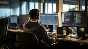 AI generated Developer Coding Software on Multiple Monitors in Evening Office photo