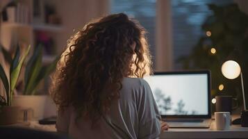 AI generated Curly-Haired Creative Freelancer Working on Laptop in Cozy Room photo