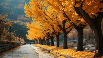 AI generated Mystical Autumn Path Lined with Golden Trees photo