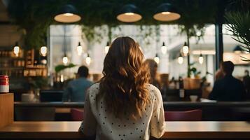 AI generated A Back View of a Woman in a Fresh and Warm Cafe Atmosphere photo