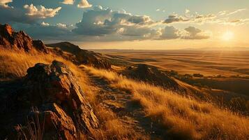 AI generated Sunset Glow on Rugged Cliffs Overlooking Vast Plains photo