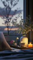 AI generated Serene Sunset View with Cozy Bedroom Decor photo