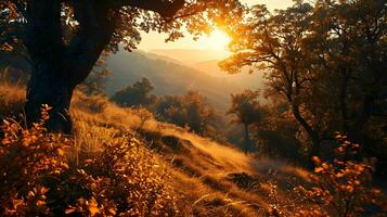 ai generado calentar otoño luz de sol filtros mediante bosque pabellón foto