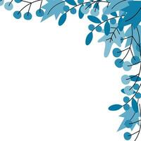 Abstract corner frame with top border of twigs with berries, branches and leaves in monochrome blue vector