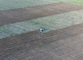 parte superior ver de el tractor ese arados el campo. disking el suelo. suelo cultivo después cosecha foto