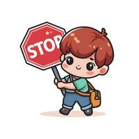 cute vector design illustration of little boy carrying stop symbol