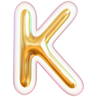 Gold bubble letter K font 3d render png