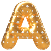 Gold bubble letter A font 3d render png