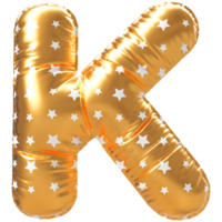 Gold bubble letter K font 3d render png